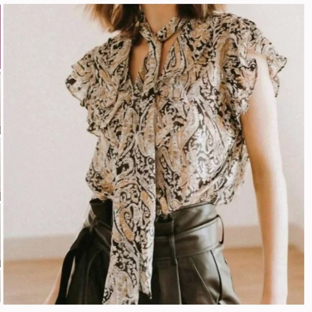 Elan Black and Gold Paisley Print Tie Neck Blouse Women's Size Medium
